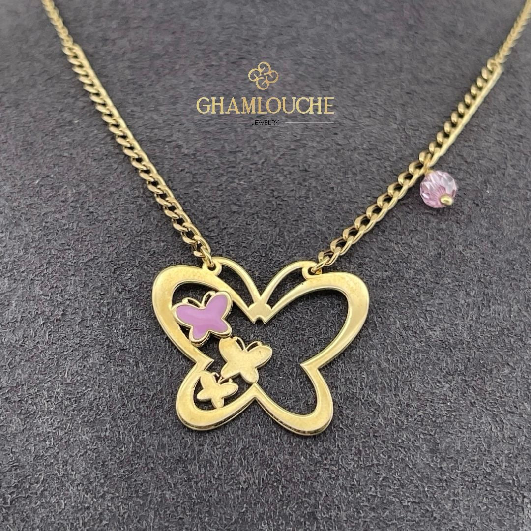 18K Gold Butterfly Kid’s Girl Necklace with Enamel
