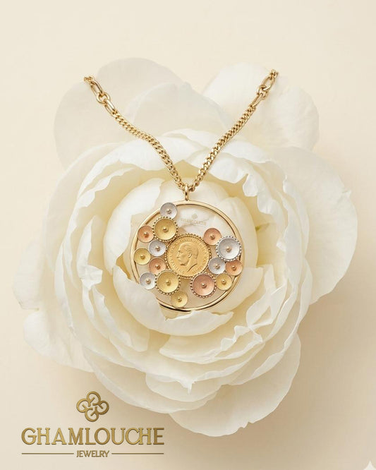 18K Yellow , White and Rose Gold Necklace Frame For 21K 1/4 2g Lira King George V Gold Coin