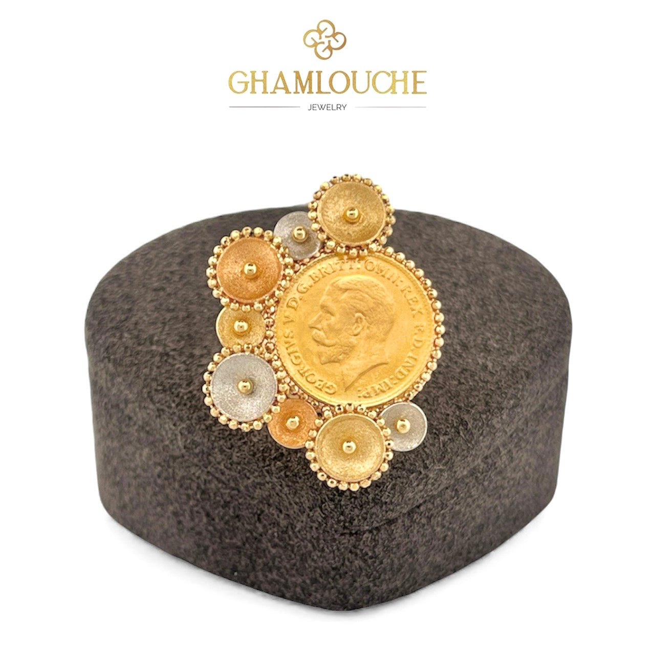 18K Yellow , White and Rose Gold Ring Frame For 21K 1/4 2g Lira King George V Gold Coin