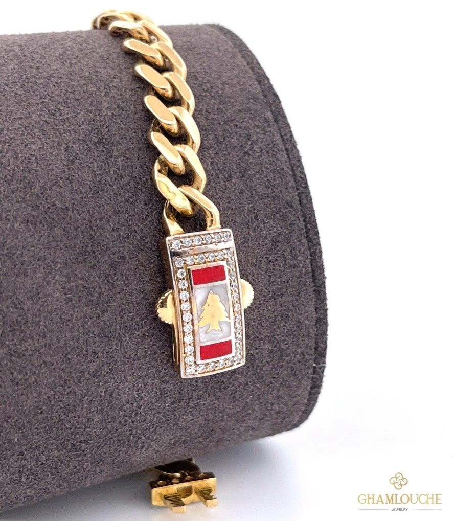 18K Gold Lebanese Flag Bracelet with Enamel and Stones