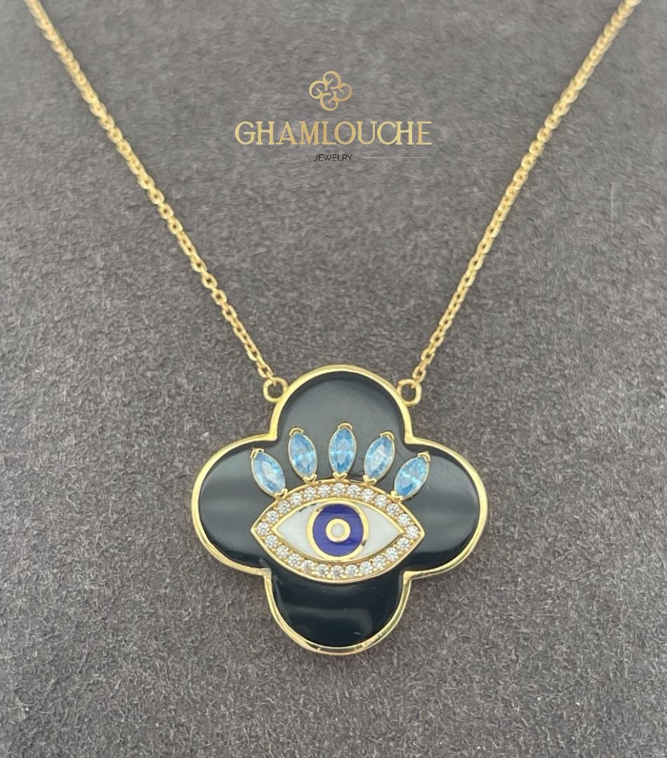 18K Gold Evil Eye Necklace with Enamel and Stones