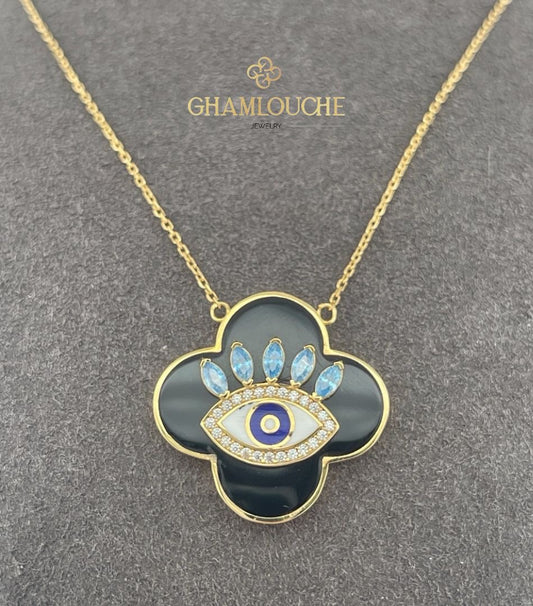 18K Gold Evil Eye Necklace with Enamel and Stones