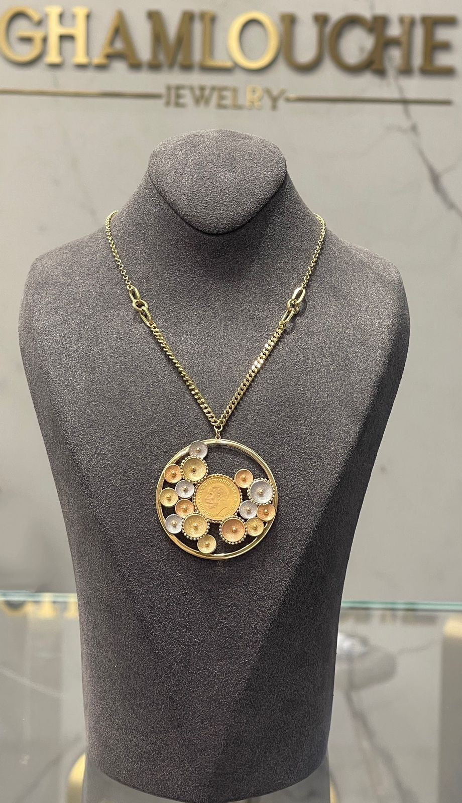 18K Yellow , White and Rose Gold Necklace Frame For 21K 1/4 2g Lira King George V Gold Coin
