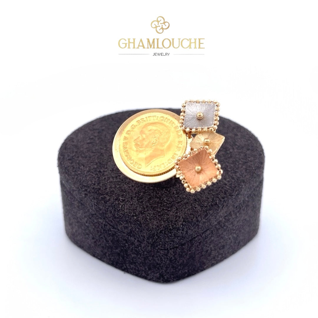 18K Yellow, White and Rose Gold Ring Frame For 21K 1/4 2g Lira King George V Gold Coin