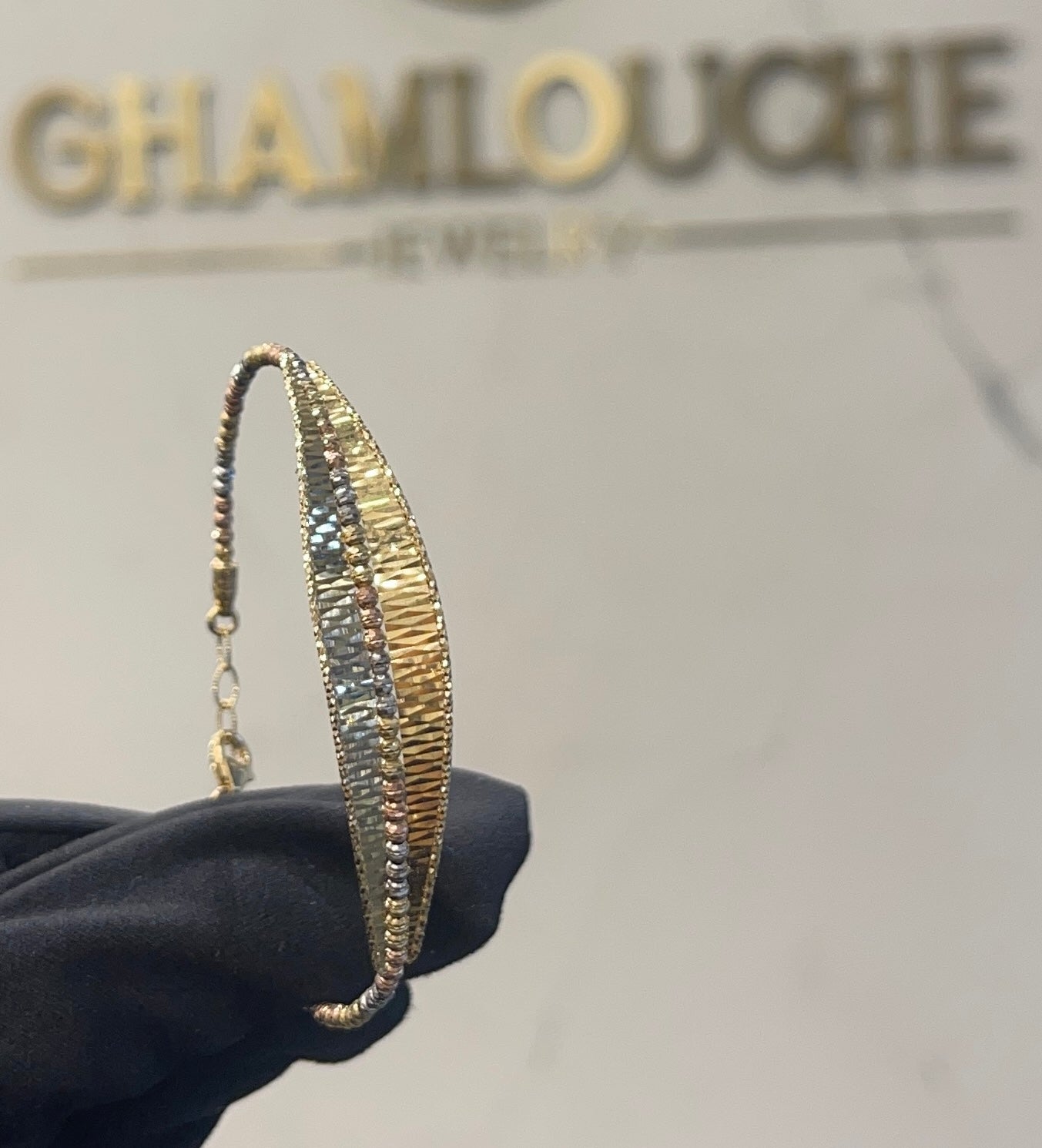 18K Italian Yellow , White and Rose Gold Bangle