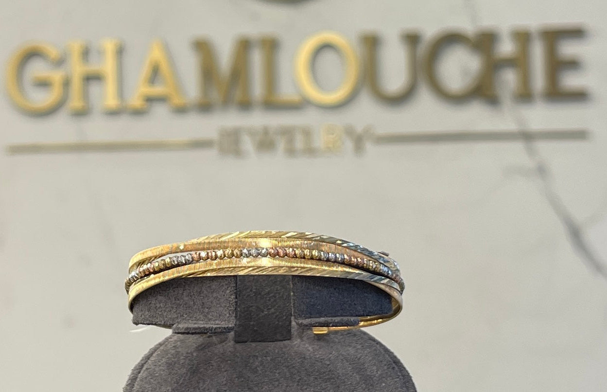 18K Italian Yellow , White and Rose Gold Bangle