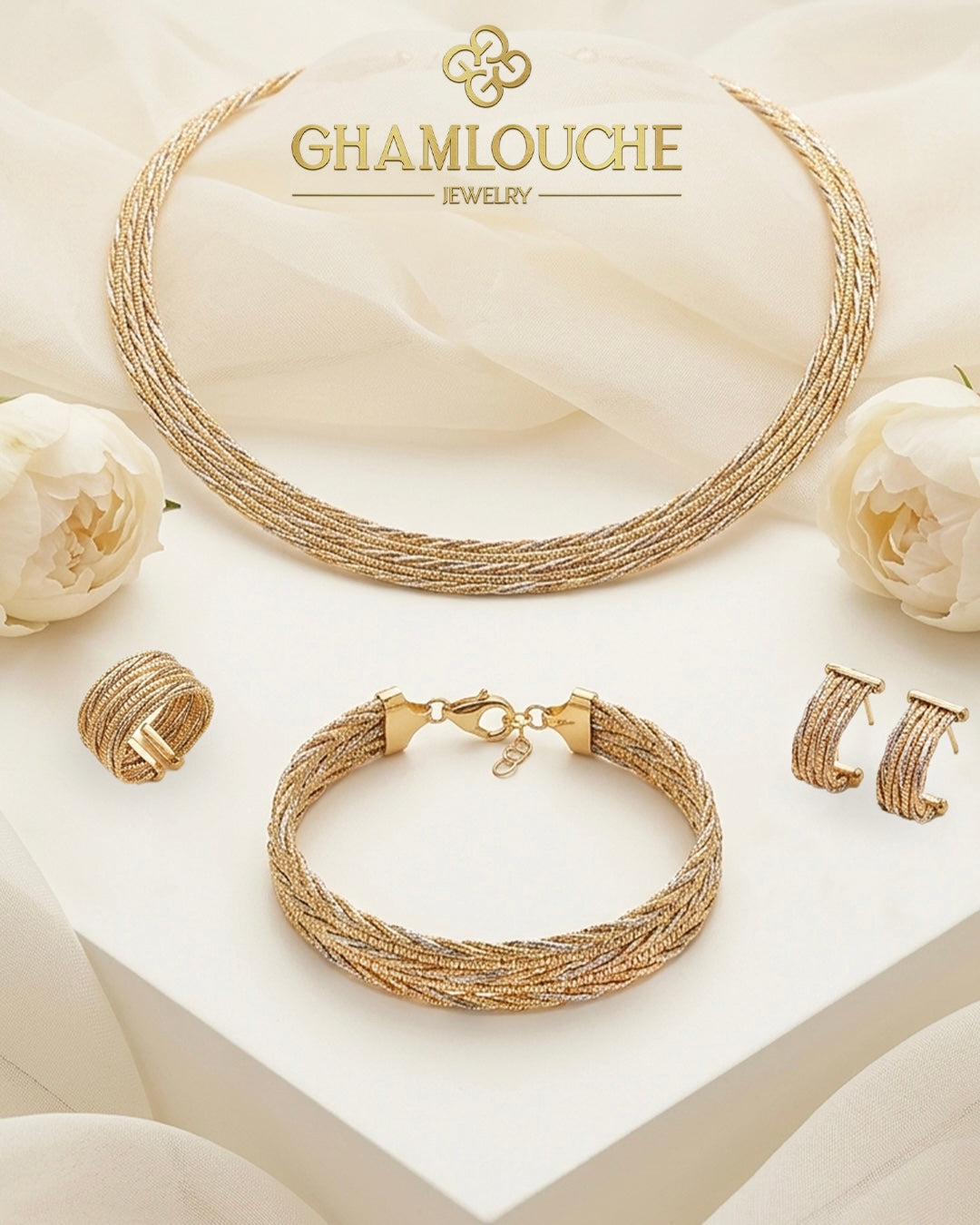 18K Italian Yellow , White and Rose Gold Set