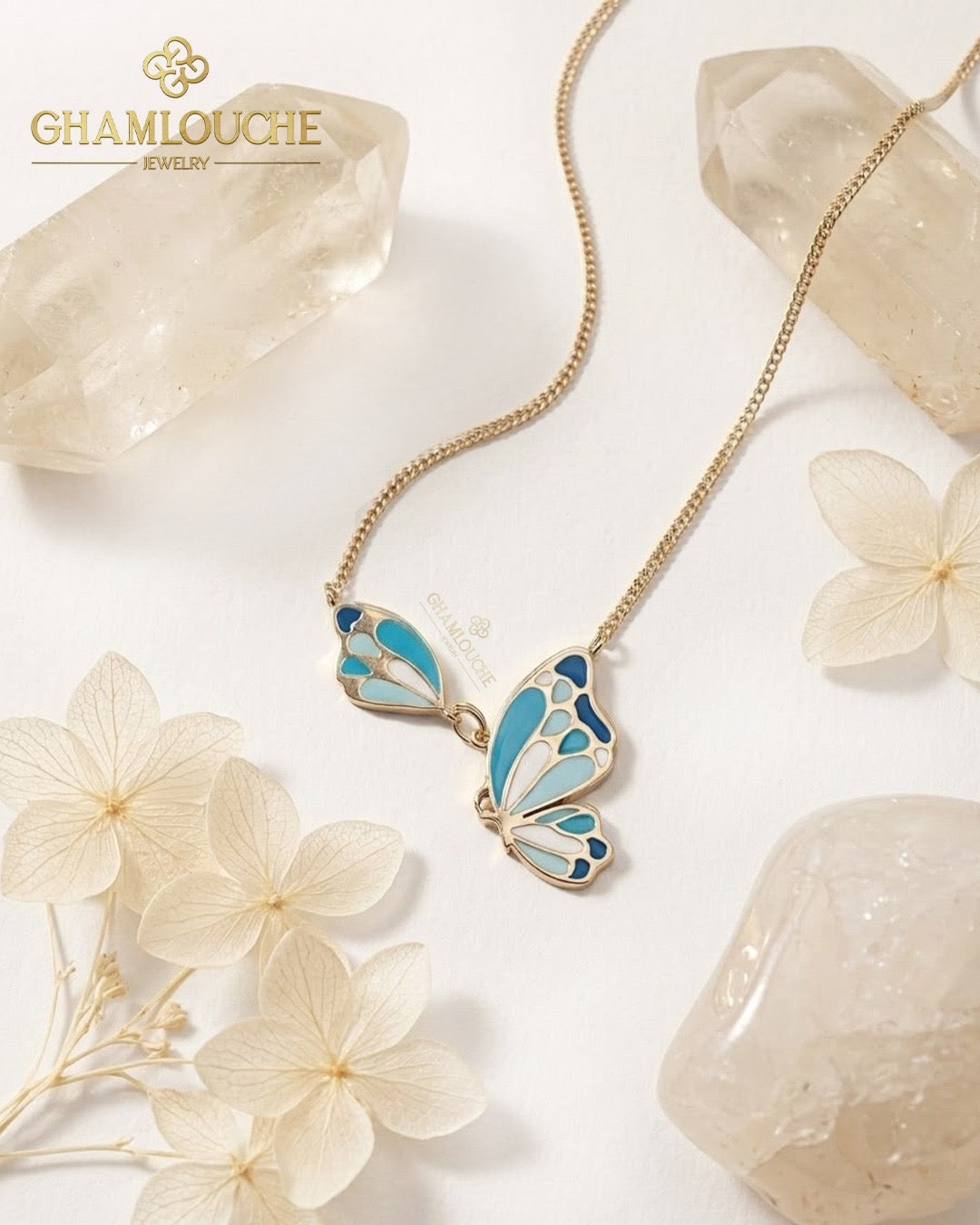 18K Gold Butterfly Necklace with Enamel