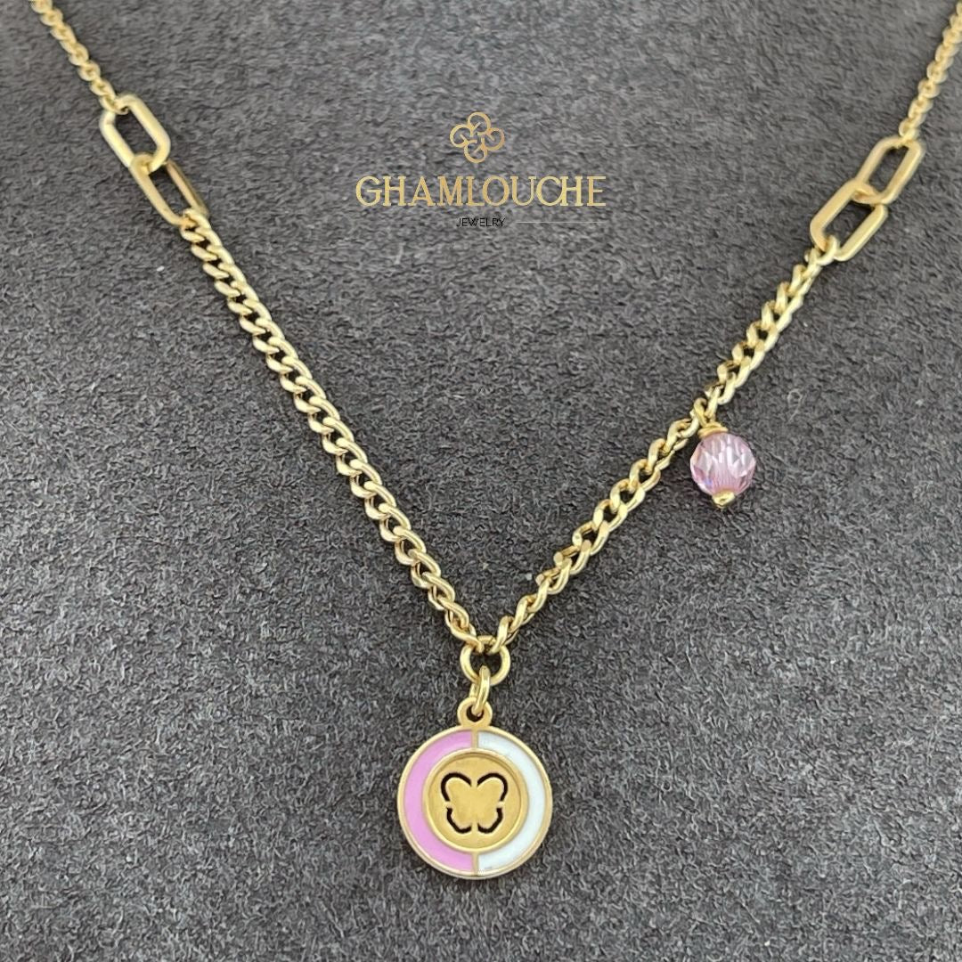 18K Gold Butterfly Kid’s Girl Necklace with Enamel
