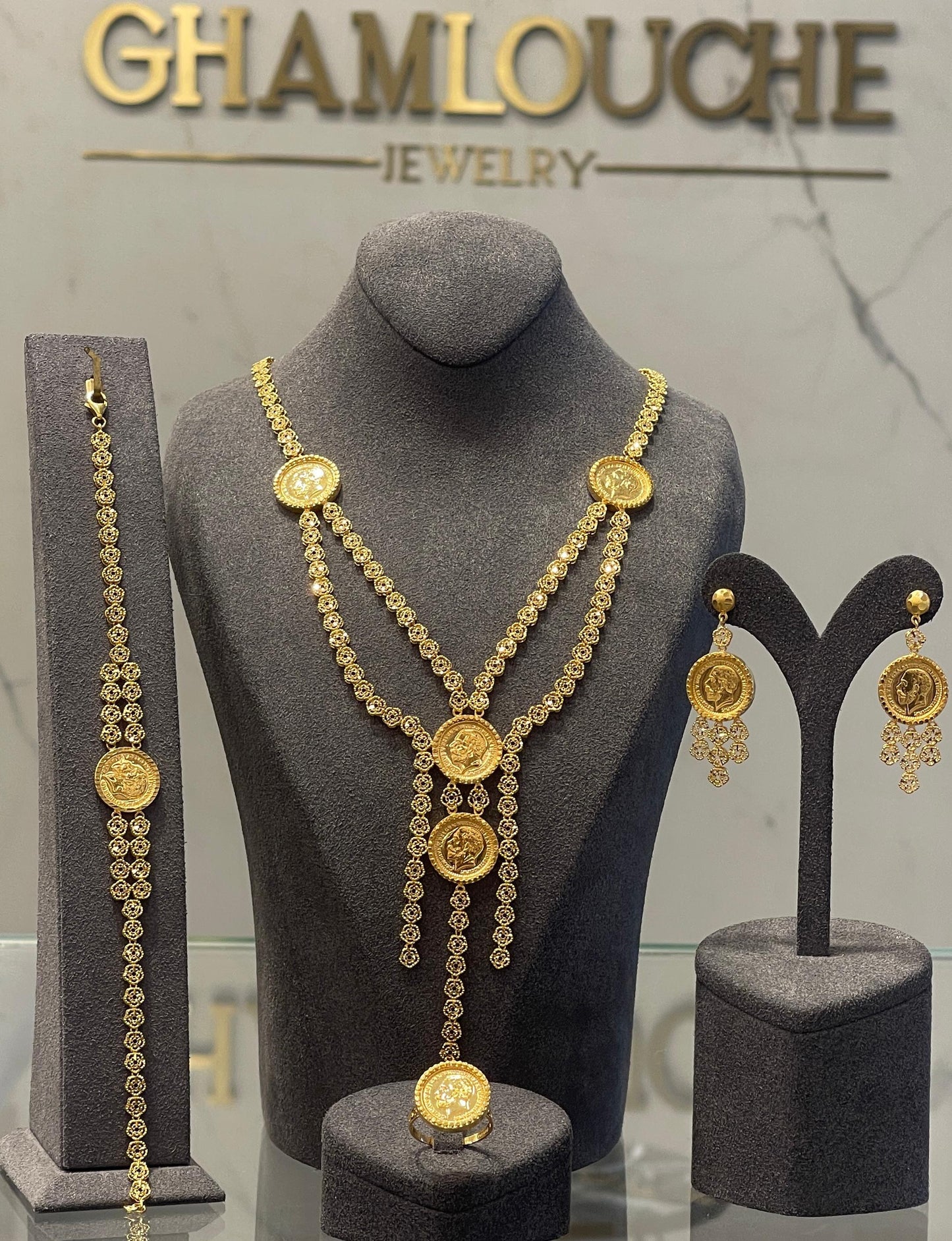 21K Gold Coin Motif Layered Floral Tassel Set