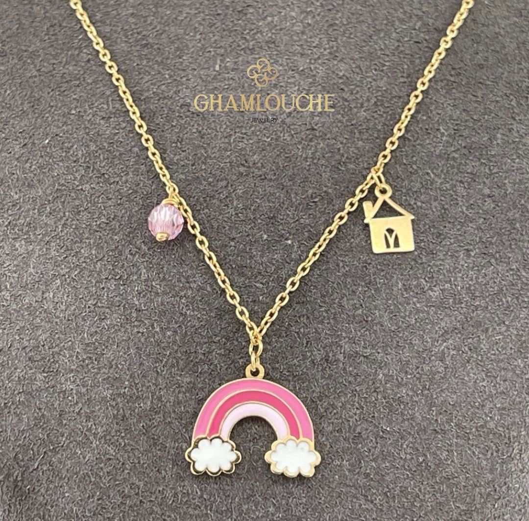 18K Gold Rainbow Kid’s Girl Necklace with Enamel