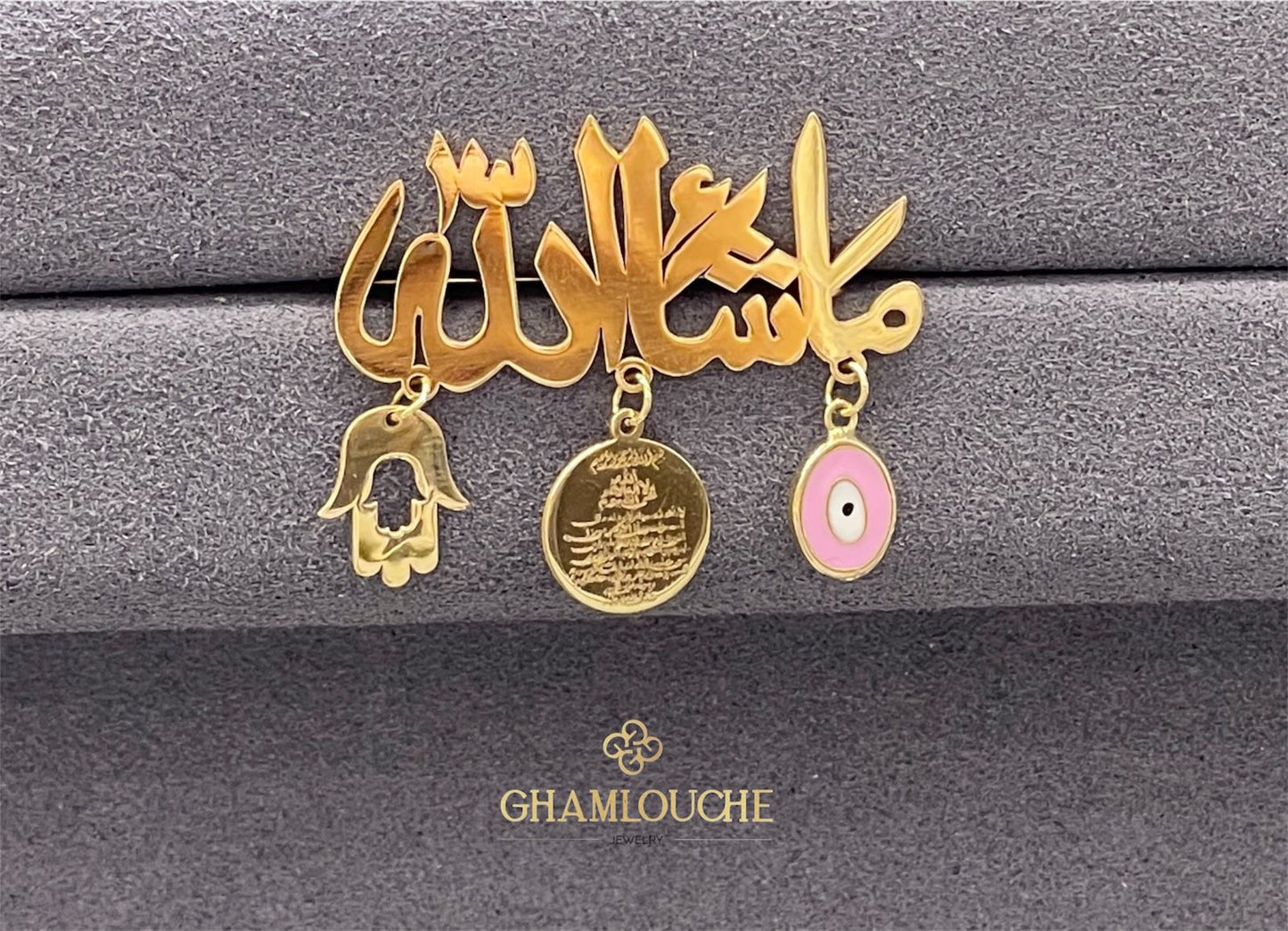 18K Gold ماشاءالله and Multi-Shape Kid’s Girl Pin with Enamel