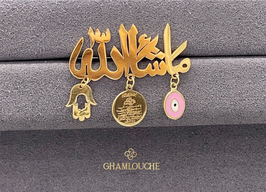 18K Gold ماشاءالله and Multi-Shape Kid’s Girl Pin with Enamel