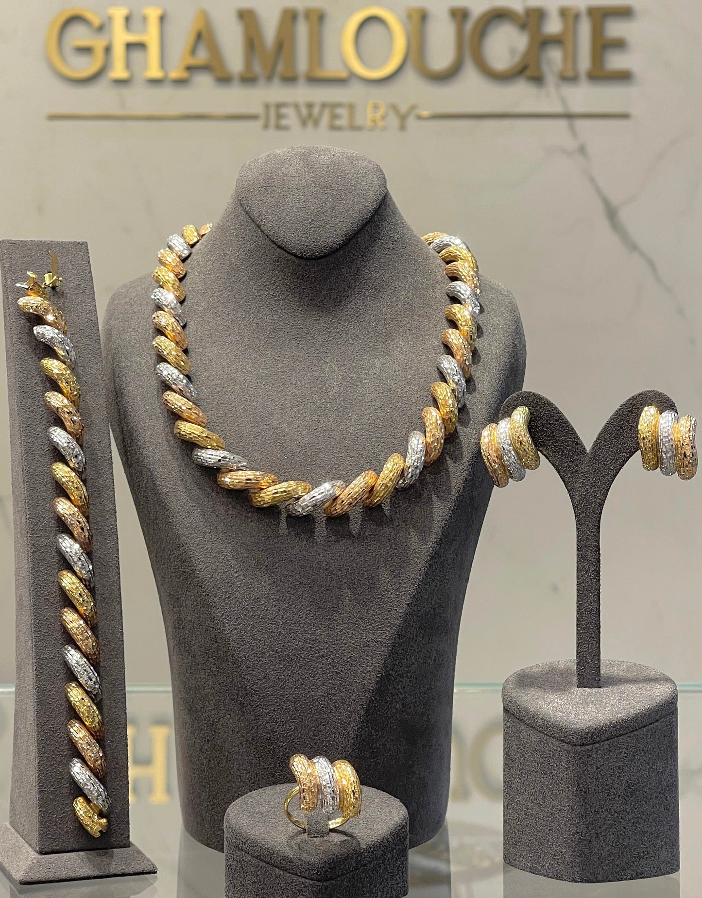 18K Italian Yellow , White and Rose Gold Set