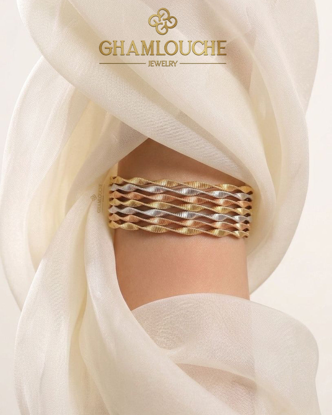 18K Italian Yellow , White and Rose Gold Bangle