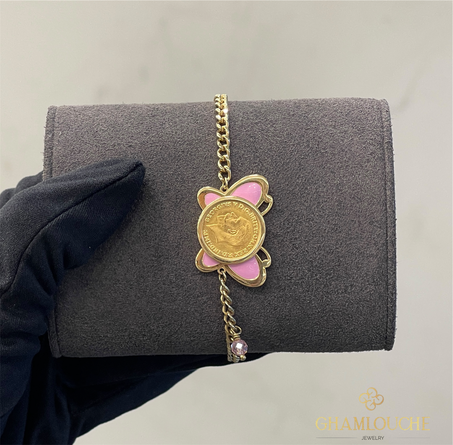 18K Gold Kid’s Butterfly Bracelet Frame For 21K 1/4 2g Lira King George V Gold Coin with Enamel