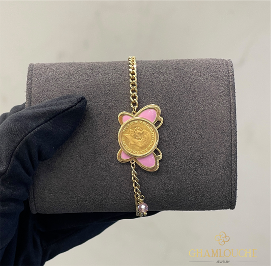 18K Gold Kid’s Butterfly Bracelet Frame For 21K 1/4 2g Lira King George V Gold Coin with Enamel