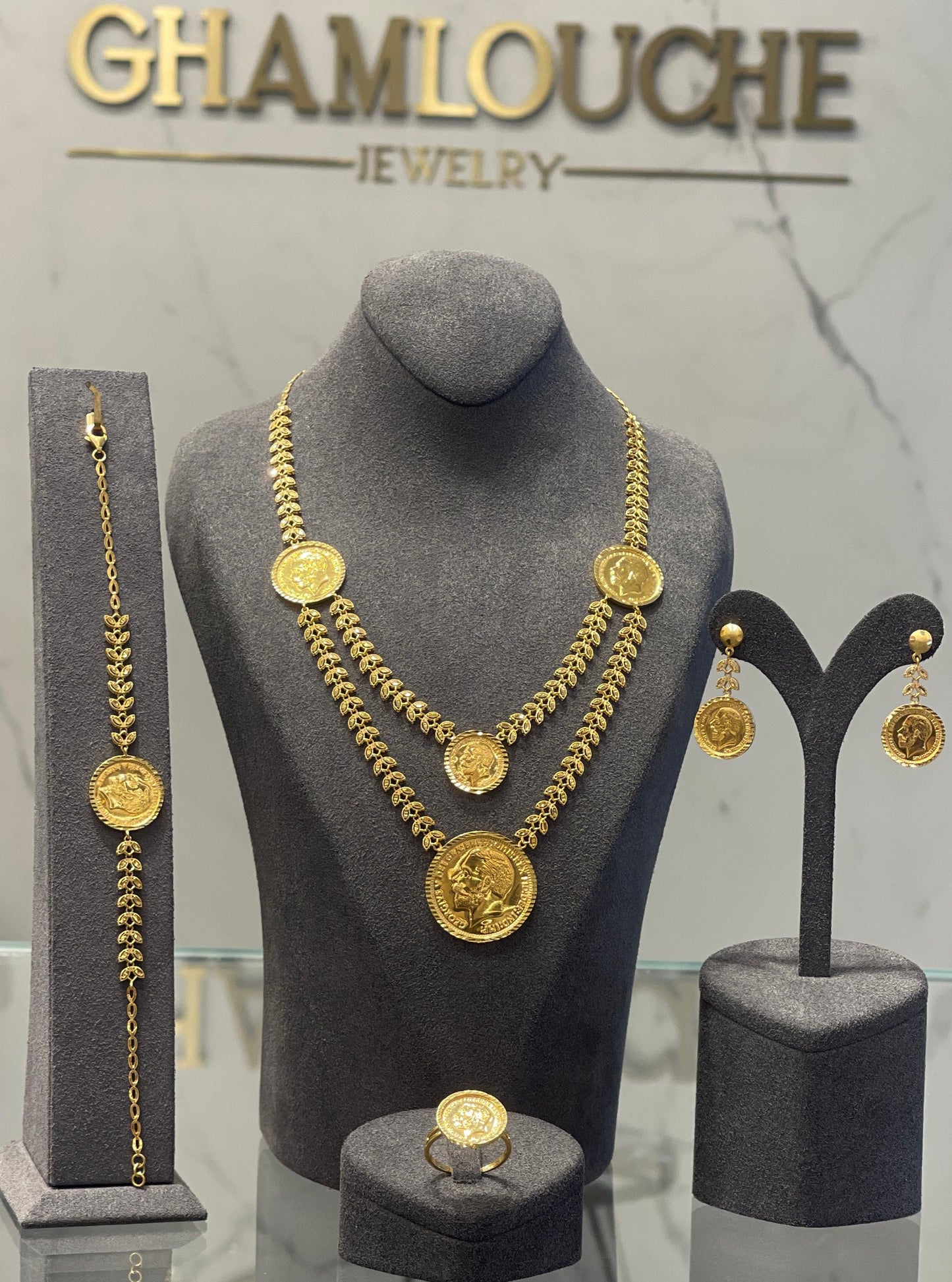21K Gold Coin Motif Layered Wheat Set