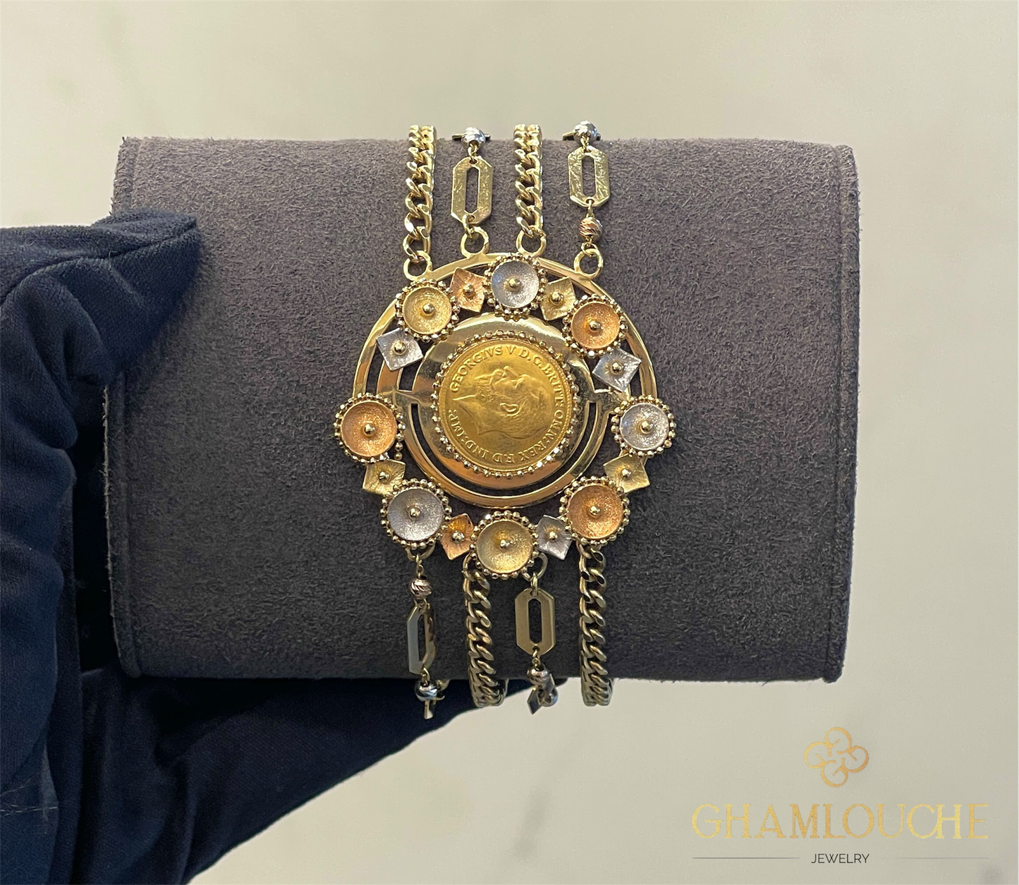 18K Yellow , White and Rose Gold Bracelet Frame For 21K 1/4 2g Lira King George V Gold Coin
