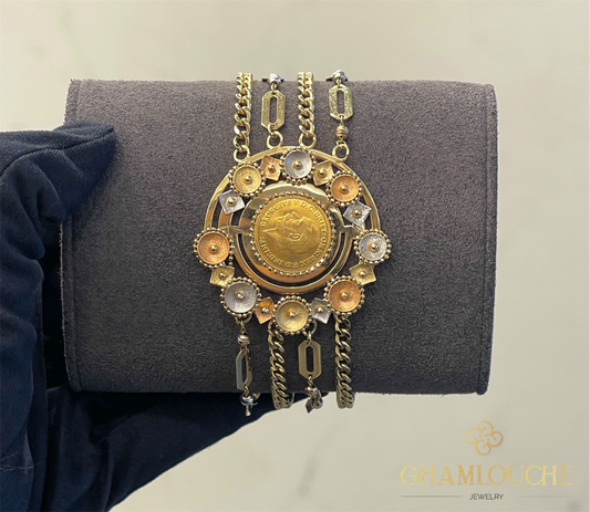 18K Yellow , White and Rose Gold Bracelet Frame For 21K 1/4 2g Lira King George V Gold Coin
