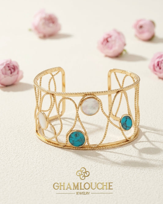 18K Gold Bangle with Blue and White Stones