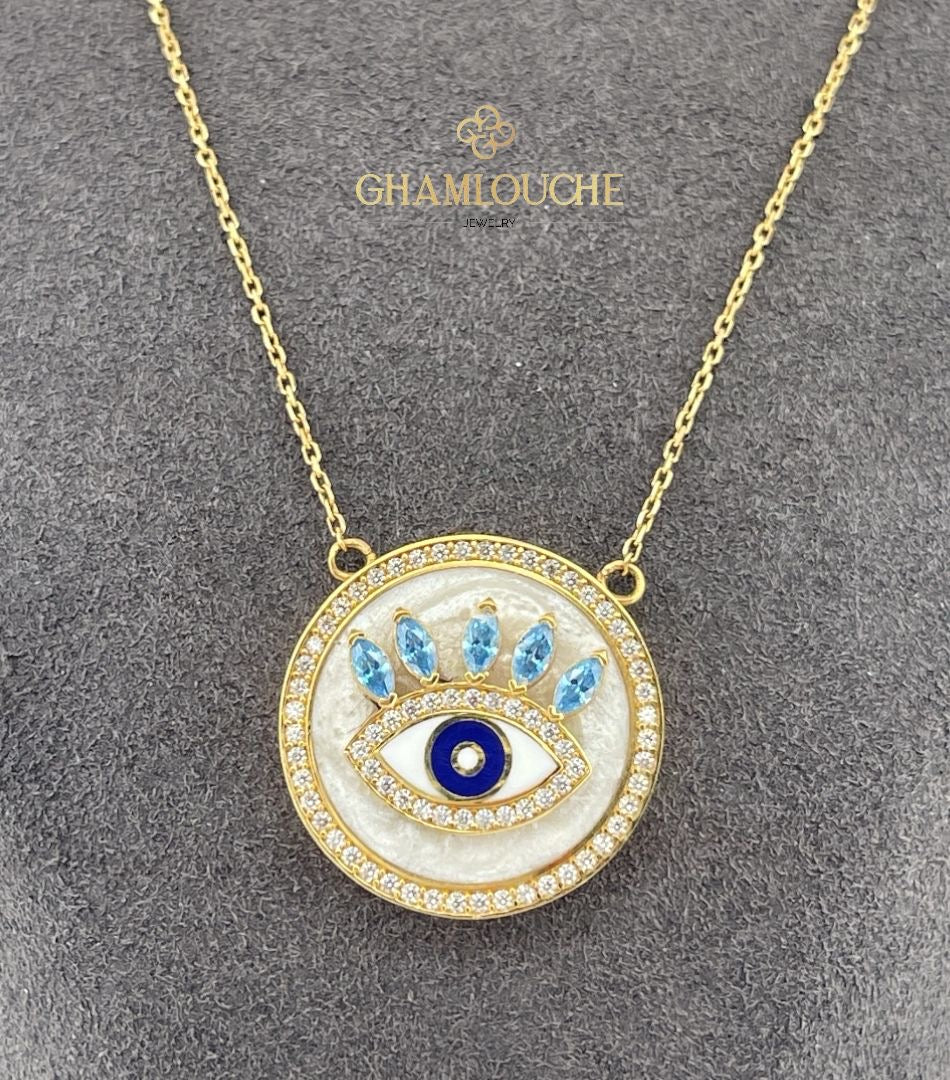 18K Gold Evil Eye Necklace with Enamel and Stones
