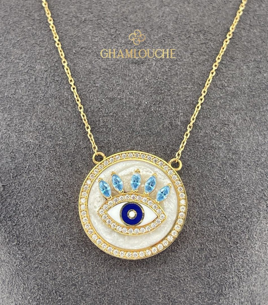 18K Gold Evil Eye Necklace with Enamel and Stones