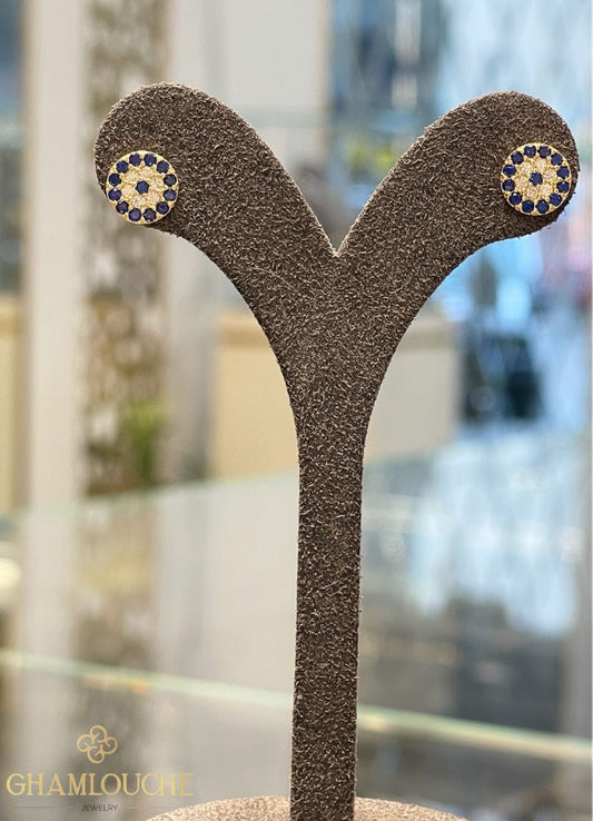 18K Gold Evil Eye Stud Earrings with Stones
