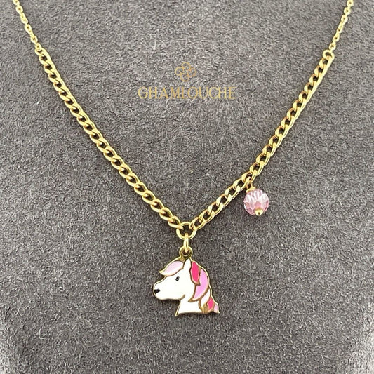 18K Gold Horse Kid’s Girl Necklace with Enamel