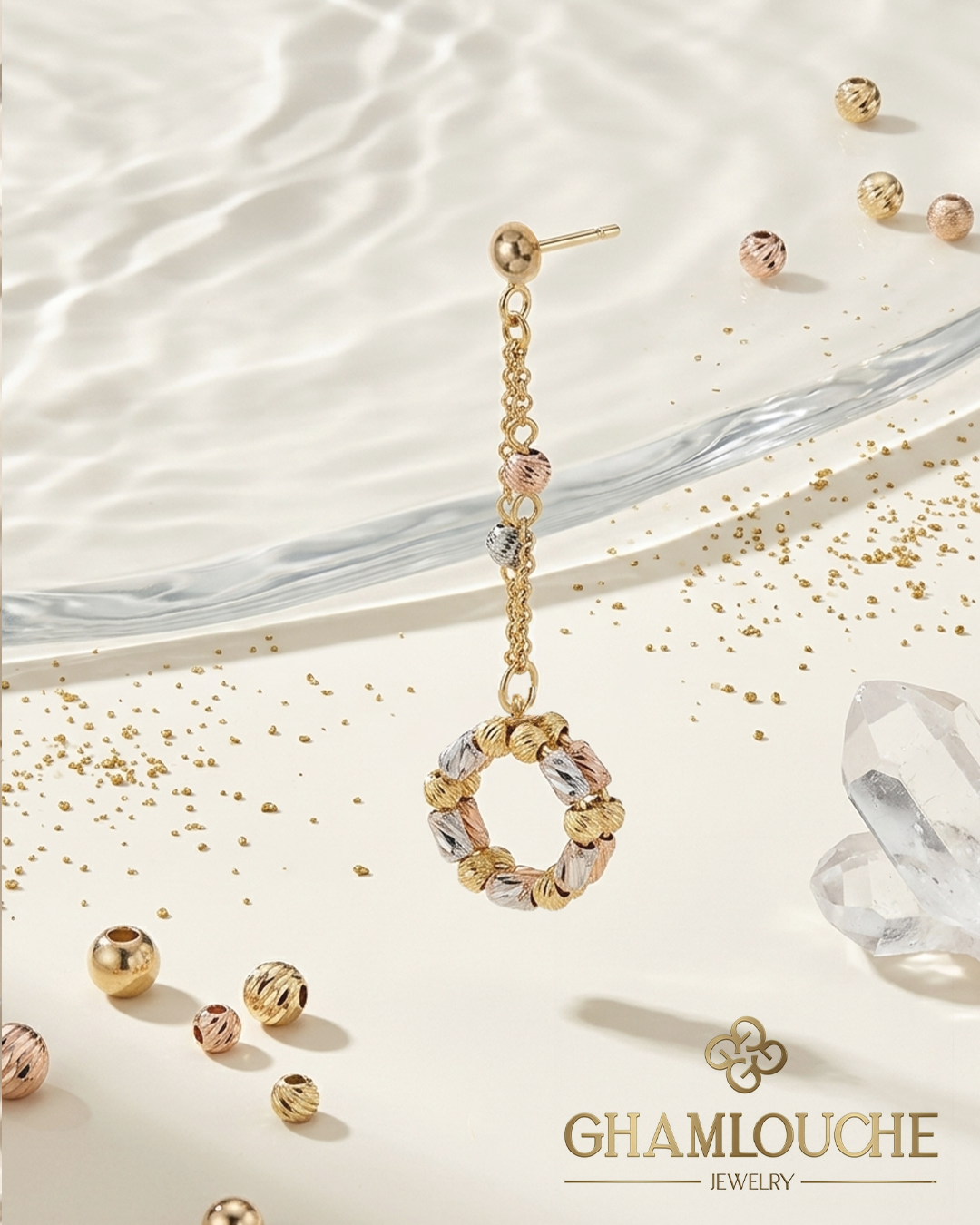 18K Italian Yellow , White and Rose Gold Dangle Earrings
