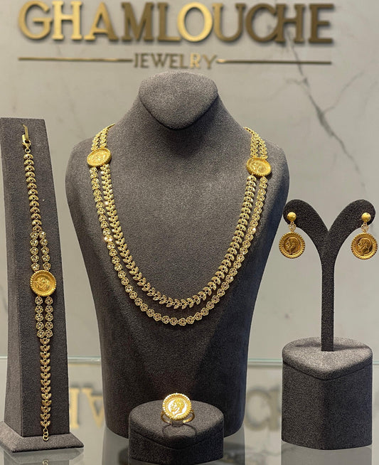 21K Gold Coin Wheat and Flower Motif Layered Set