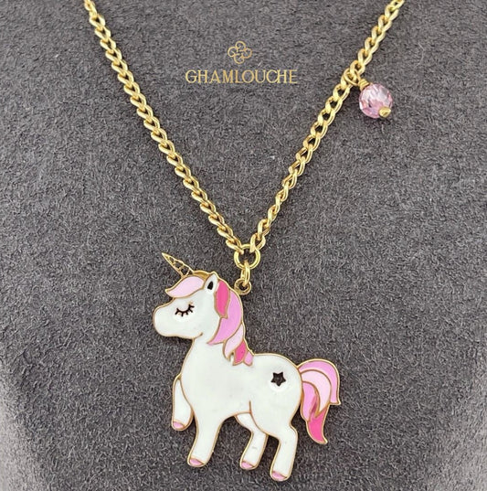 18K Gold Unicorn Kid’s Girl Necklace with Enamel