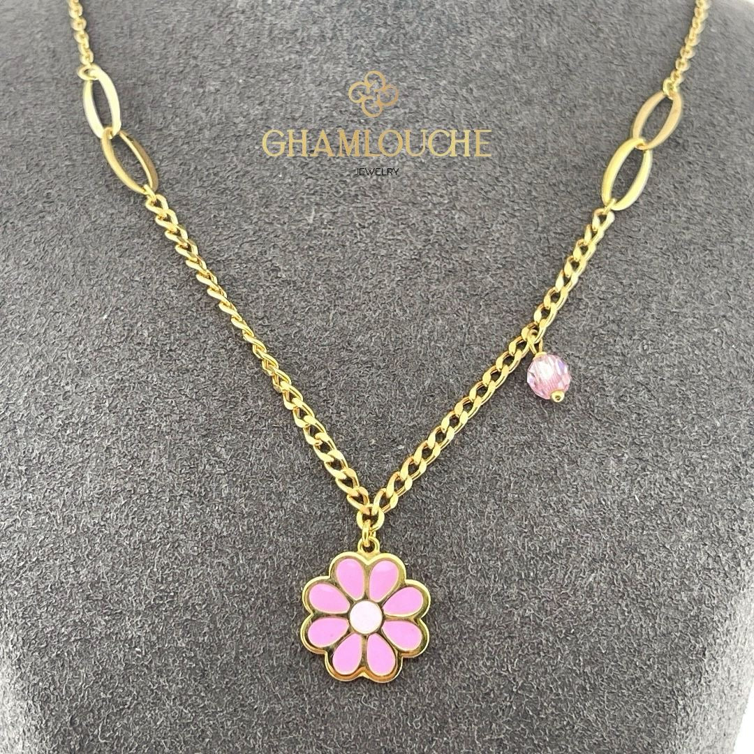 18K Gold Flower Kid’s Girl Necklace with Enamel