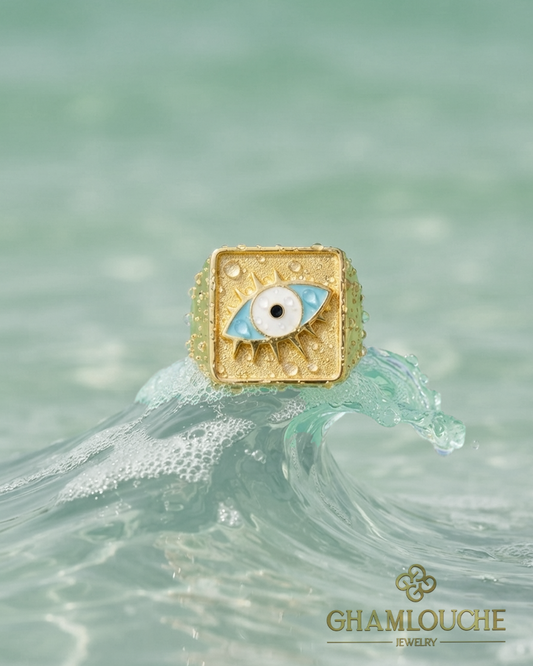 18K Gold Evil Eye Ring with Enamel