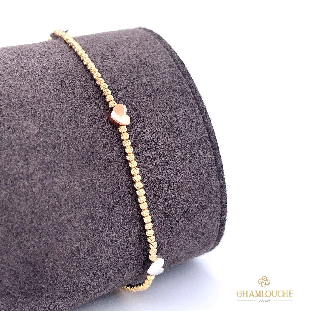 18K Italian Yellow , White and Rose Gold Hearts Bracelet