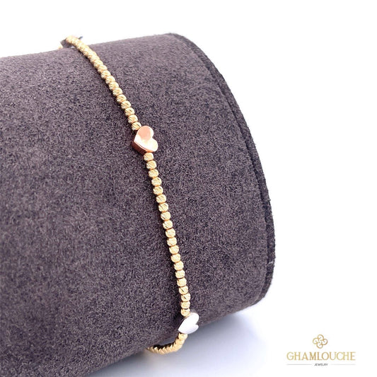 18K Italian Yellow , White and Rose Gold Hearts Bracelet