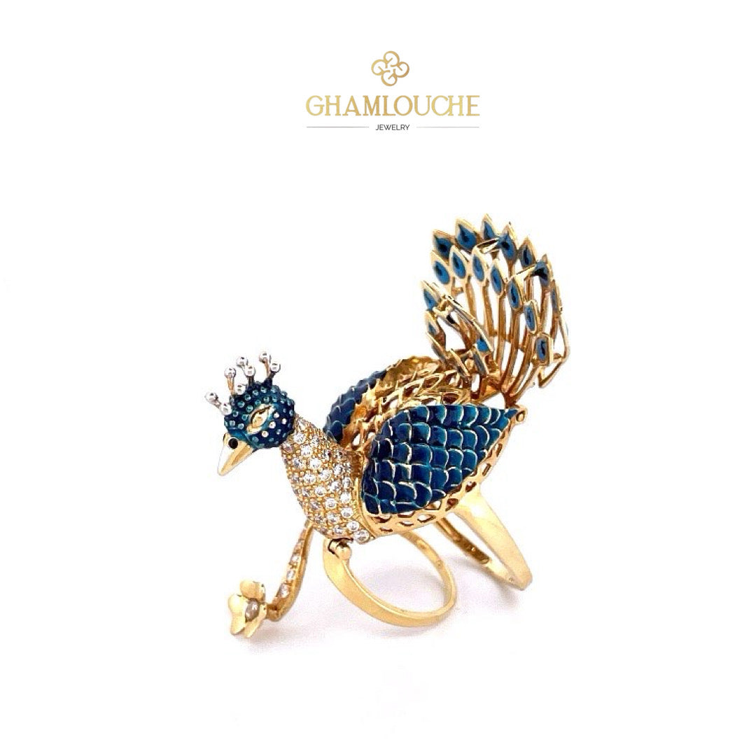 18K Gold Modern Ring طاووس/Peacock with Stones