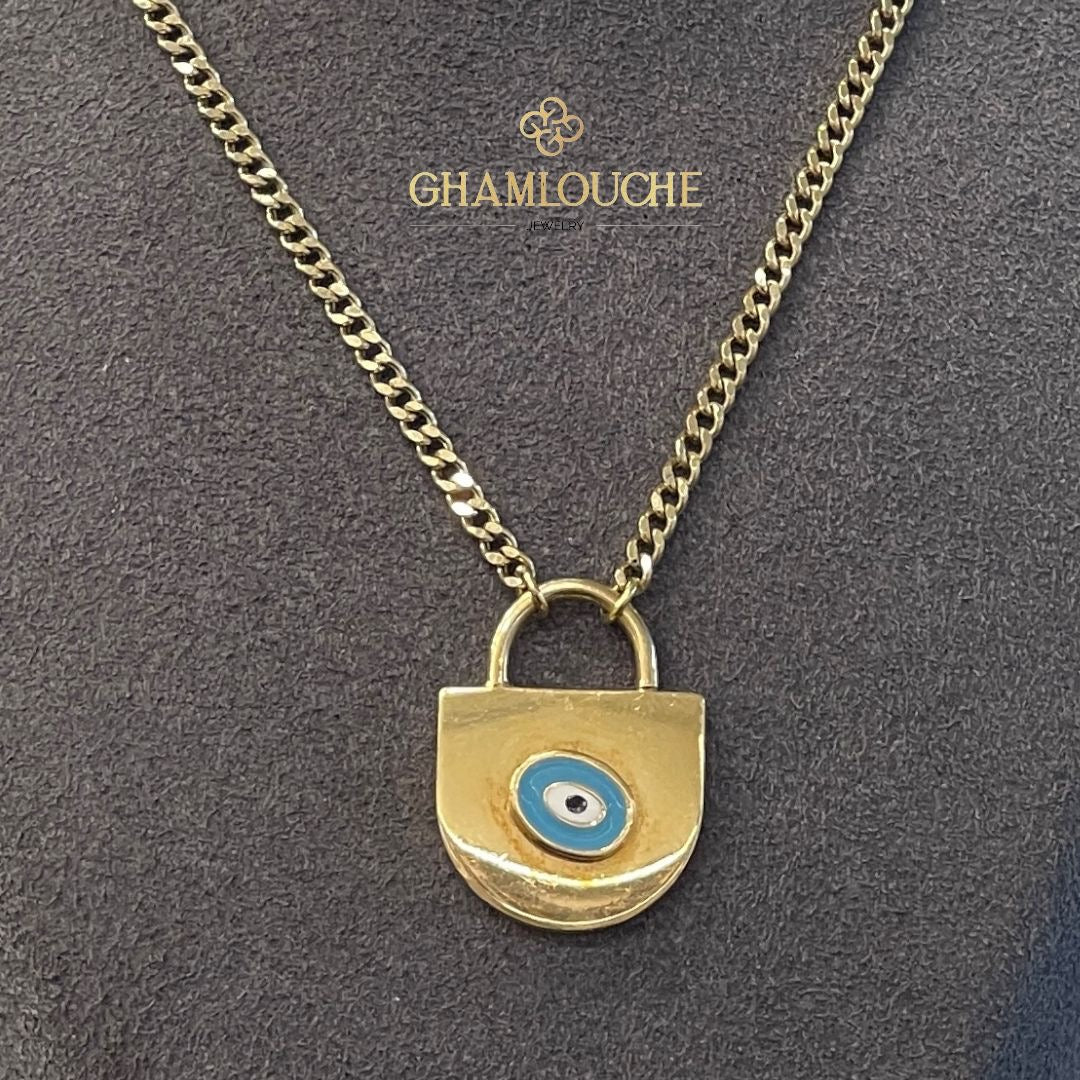 18K Gold Evil Eye Lock Necklace with Enamel