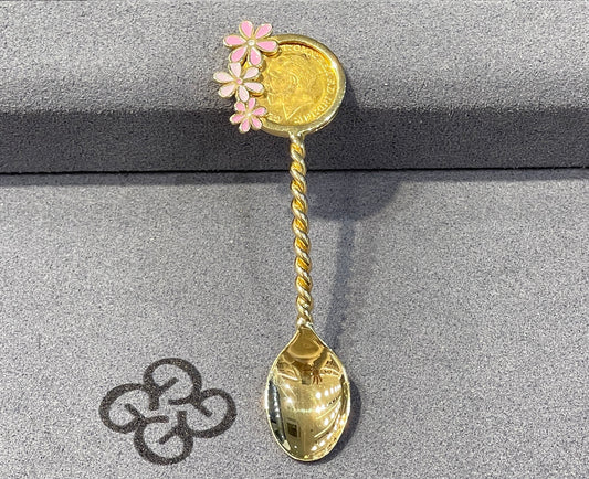 18K Gold Star Kid’s Spoon Frame For 21K 1/4 2g Lira King George V Gold Coin with Enamel
