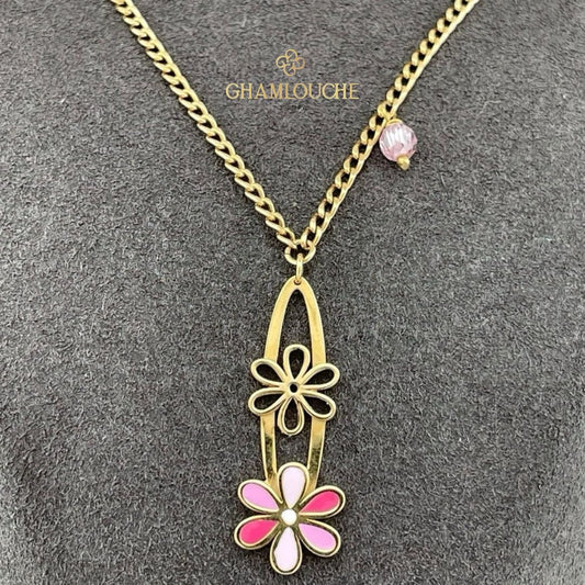 18K Gold Flowers Kid’s Girl Necklace with Enamel