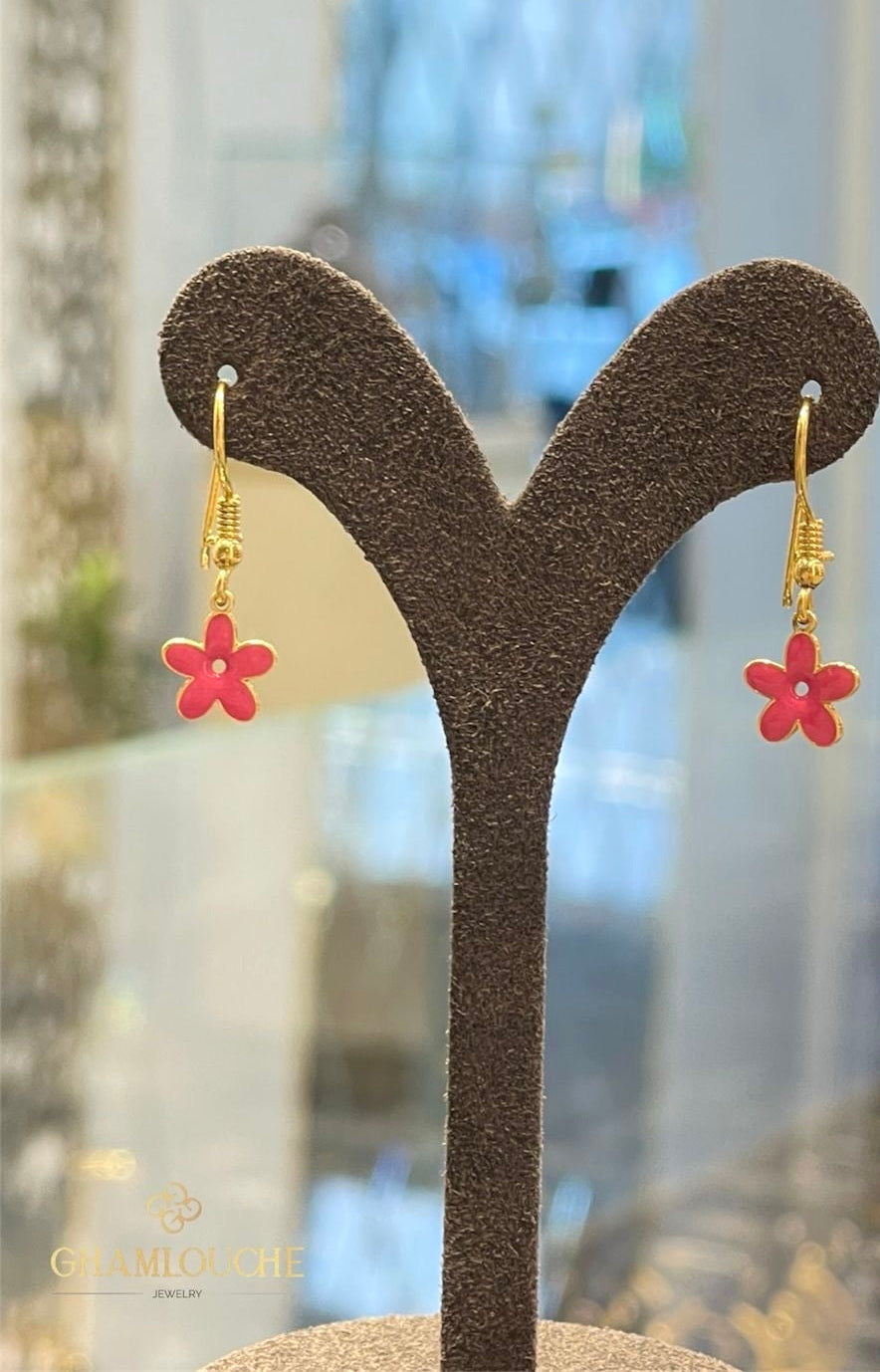 18K Gold Flower Kid’s Girl Dangle Earrings with Enamel