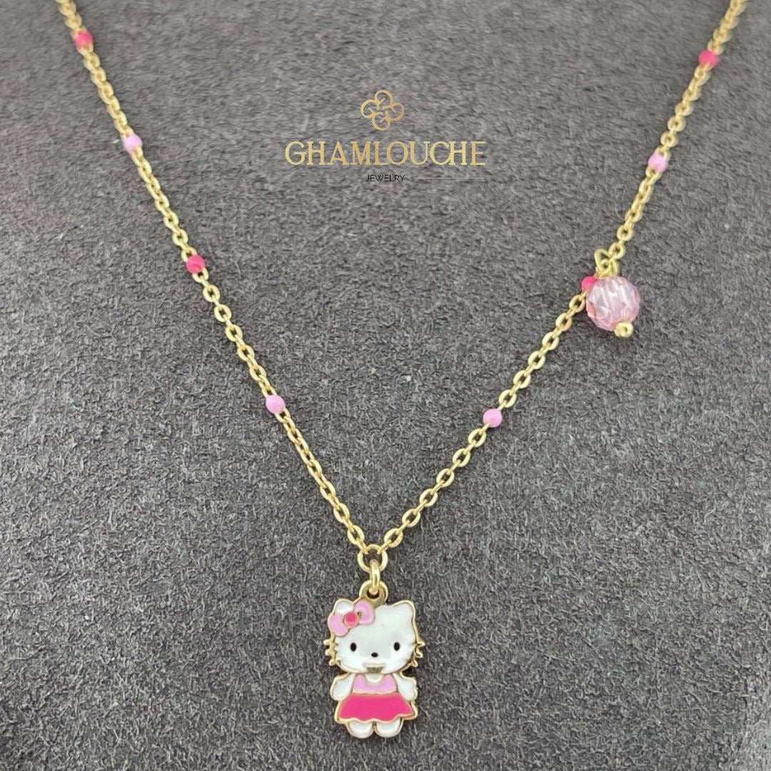 18K Gold Hello Kitty Kid’s Girl Necklace with Enamel