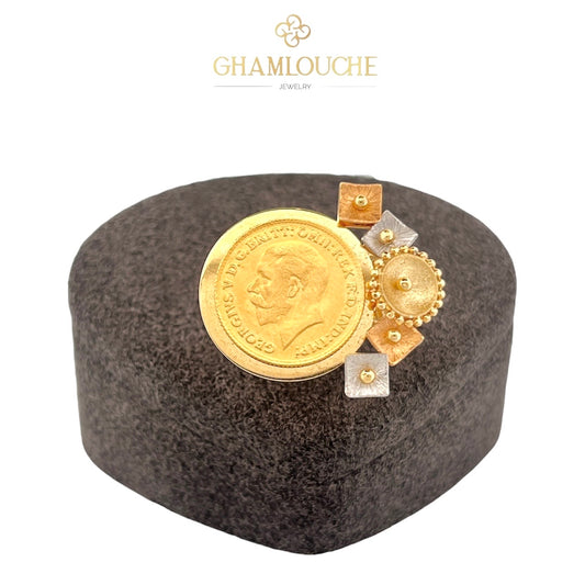 18K Yellow , White and Rose Gold Ring Frame For 21K 1/4 2g Lira King George V Gold Coin