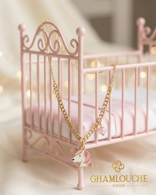18K Gold Horse Kid’s Girl Necklace with Enamel